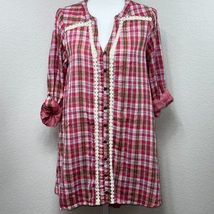 Kori Tunic Dress Womens Small Red Plaid Lace Roll Tab Sleeve Button 100% Cotton